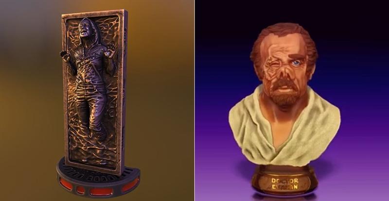 3D model bust of Doctor Evazan with scarred face and a figure of Ponda Baba frozen in carbonite, both from Star Wars.