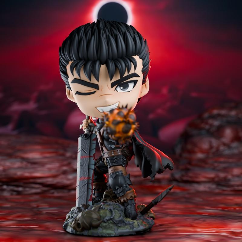 Chibi Guts from Berserk figure, winking and grinning, holding Dragonslayer sword and flail, standing on a skull-cover...