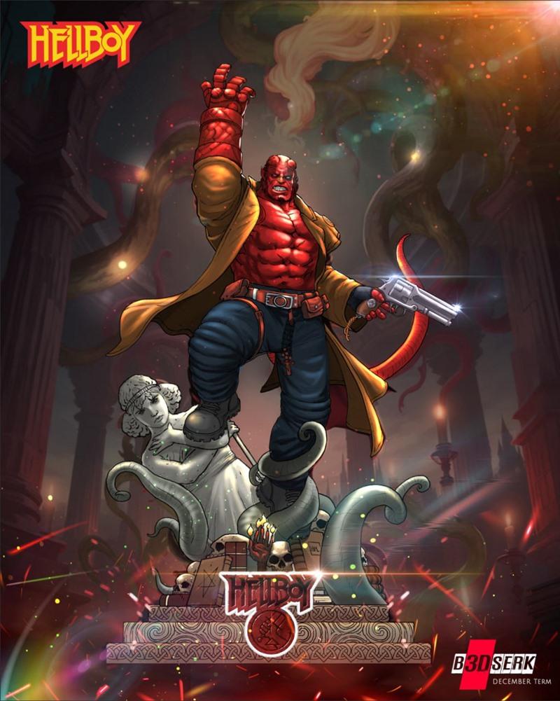 Hellboy figure with raised fist and revolver, standing on a base with tentacles and skulls. Trench coat, jeans, muscu...