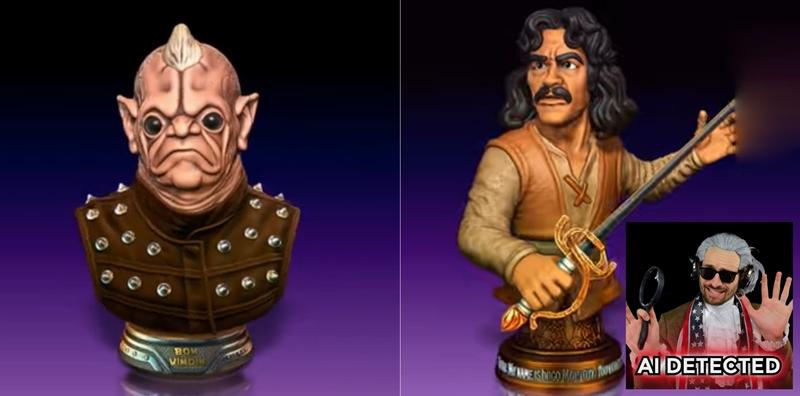 Bom Vimdim alien bust with studded jacket and Inago swashbuckler bust with sword, both on inscribed bases.