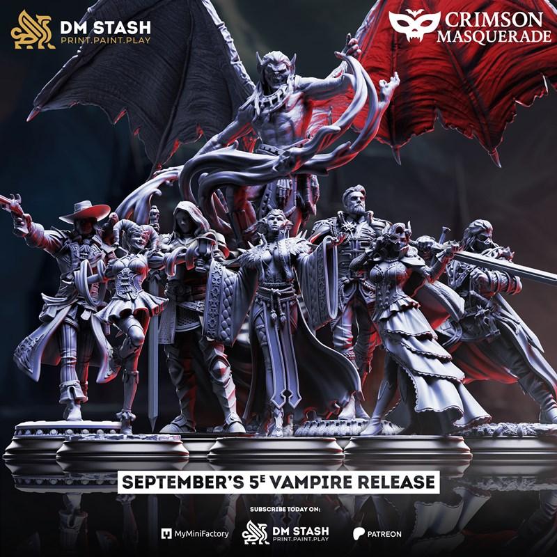Group of vampire figures from DM Stash's Crimson Masquerade collection, featuring a large winged vampire and several...