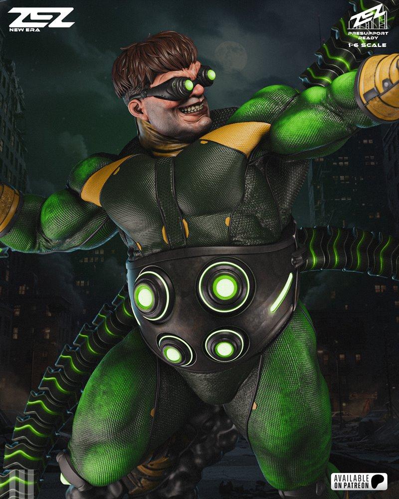 ZEZ Studio 1:6 scale 3D print model of Doctor Octopus, a male villain with four mechanical tentacles, green suit, and...