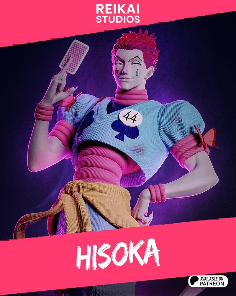 Hisoka from Hunter x Hunter anime, depicted as a 3D printable figure by Reikai Studios. He has spiky red hair, a gree...