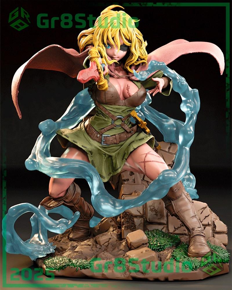 Alicia Glenfall 3D model by Gr8Tech, blonde woman with eyepatch, wearing green tunic and brown leather, wielding a ha...