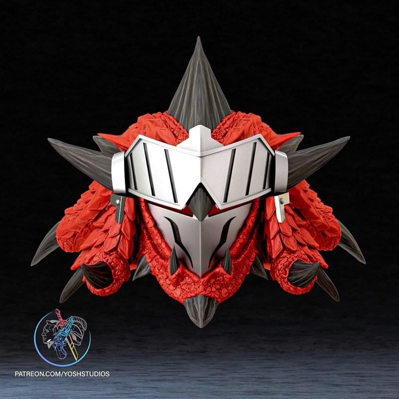 Rathalos Helmet 3D model with white faceplate, red scales, and dark grey horns. Designed by Yoshstudios.
