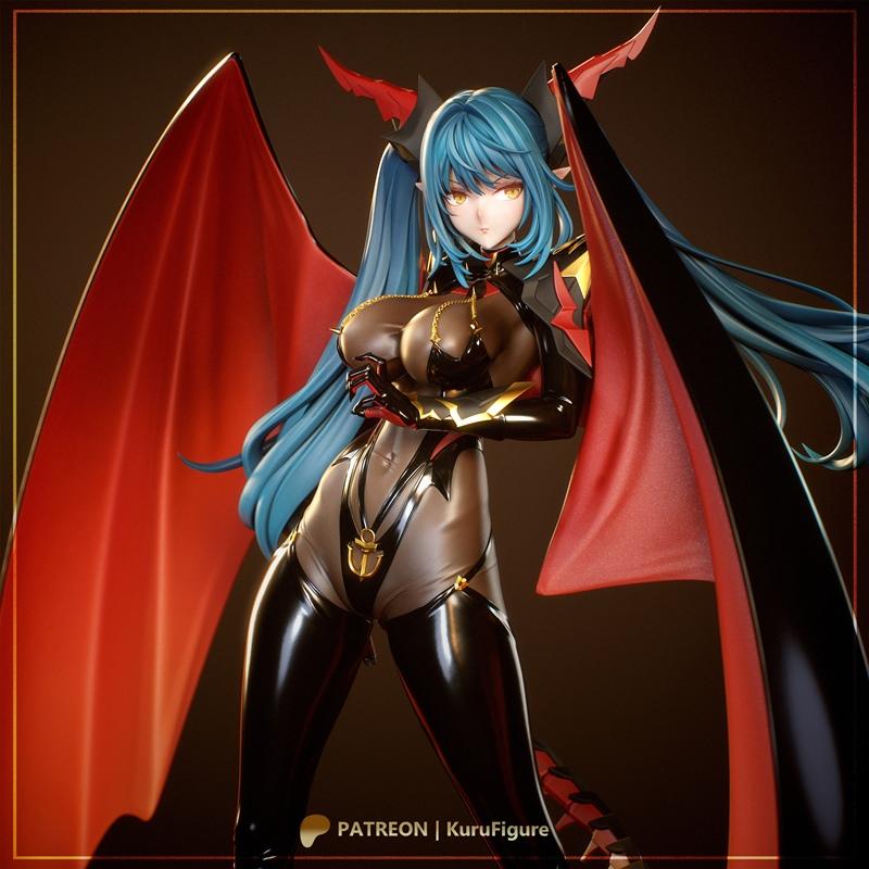 Demoness Regensburg figure with blue hair, red wings, and black revealing outfit, posed with hands crossed.