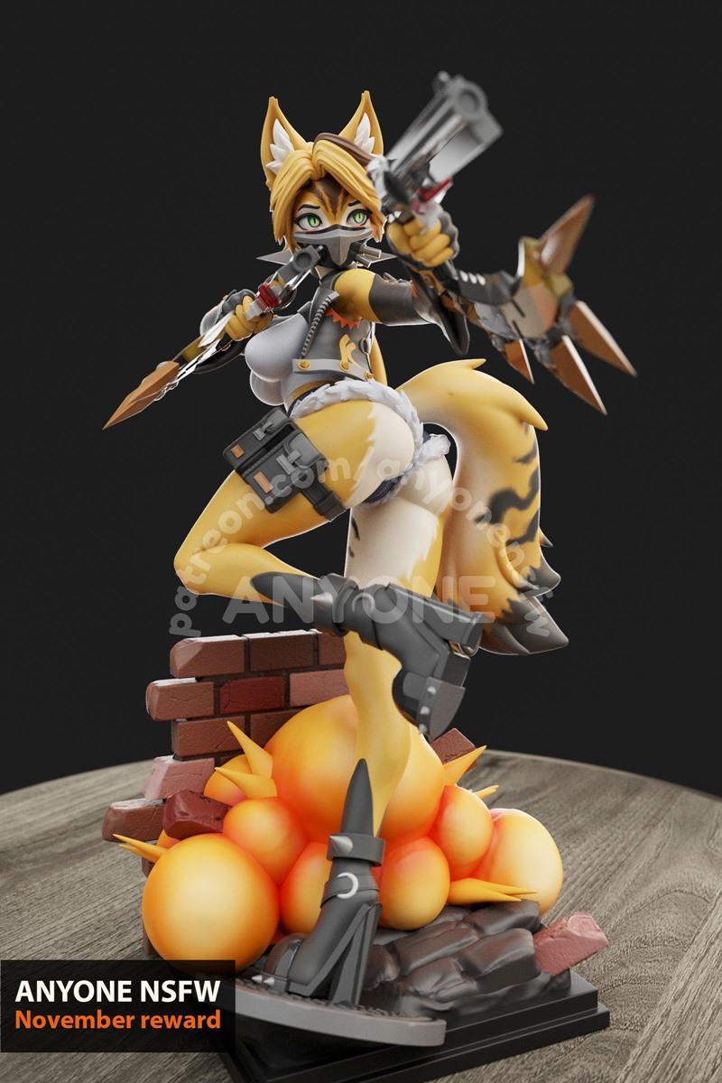 Anthropomorphic fox character Pulchra in action pose, holding a gun and dagger, with explosions and brick debris on b...
