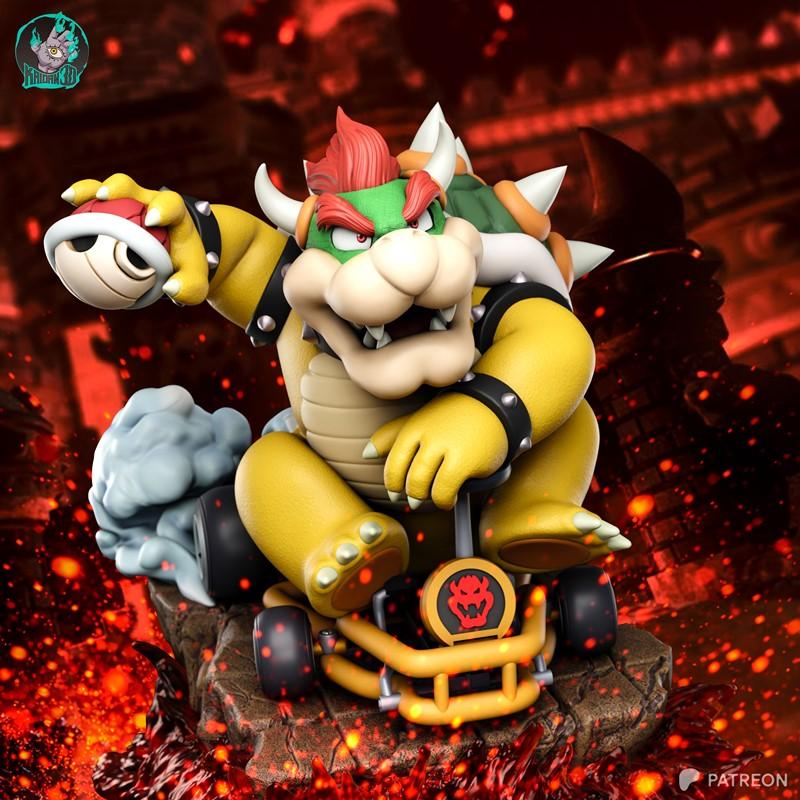 Bowser in his kart, holding a Super Star, on a lava-themed base. Rendered by Kaidan studio.