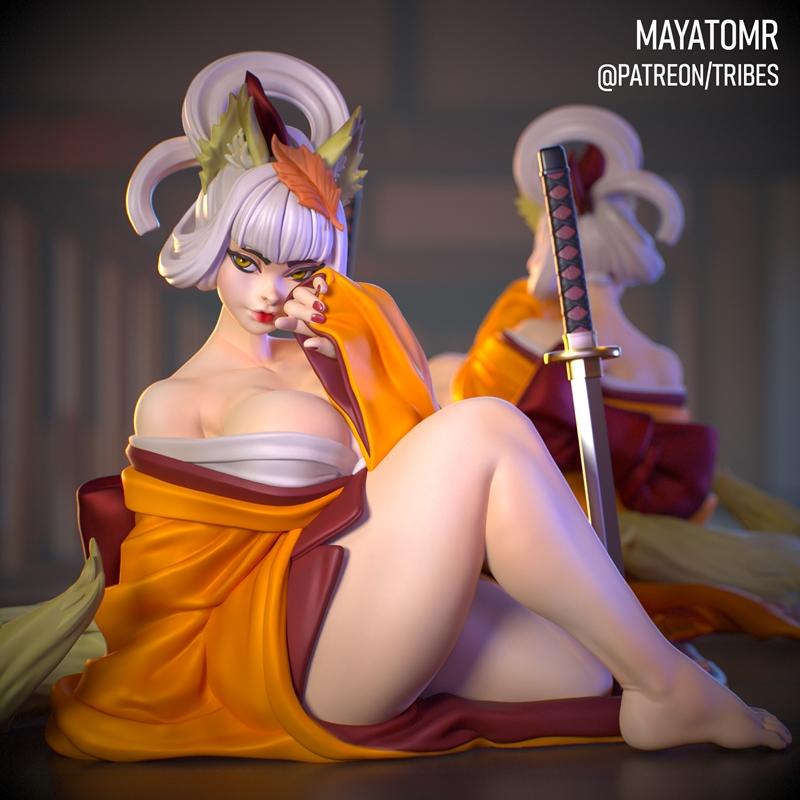 Mayatomr 3D model figure by Foxspirit, wearing an open orange and maroon kimono, sitting with legs crossed, a katana...