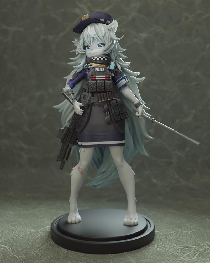 Anthropomorphic police officer figure with white fur, blue eyes, tactical vest, rifle, and baton, standing on a black...