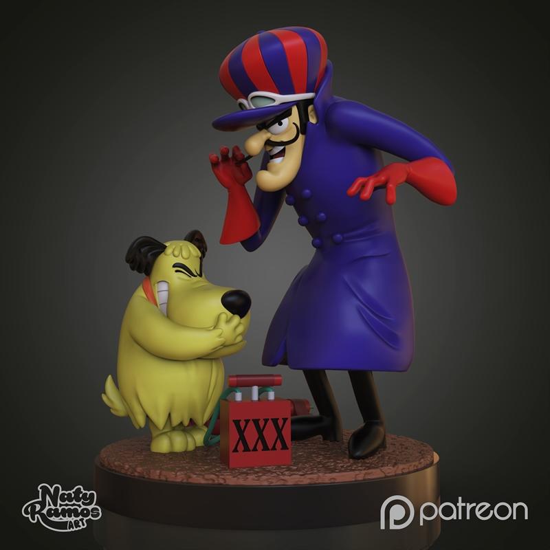 Dick Dastardly in a purple coat and striped hat, with Muttley the dog, standing over a block of dynamite on a diorama...