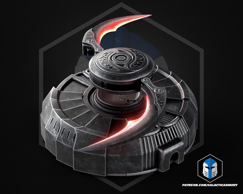 Predator Badlands Shuriken 3D model prop, featuring a circular base with segmented panels and two glowing red curved...