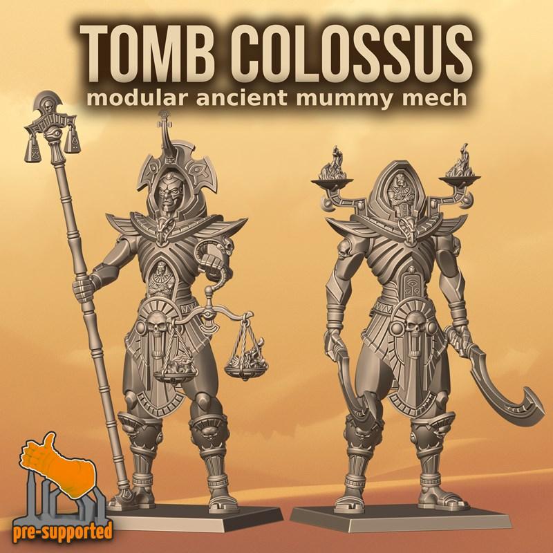 Two modular undead Egyptian mech statues, one holding a staff and scales, the other a scimitar. Intricate armor with...