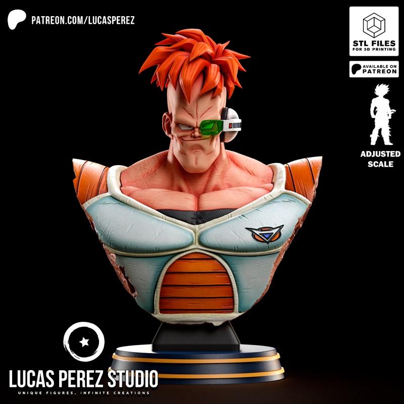 Recoome bust from Dragon Ball Z, featuring orange spiky hair, green scouter, and detailed battle armor, displayed on...