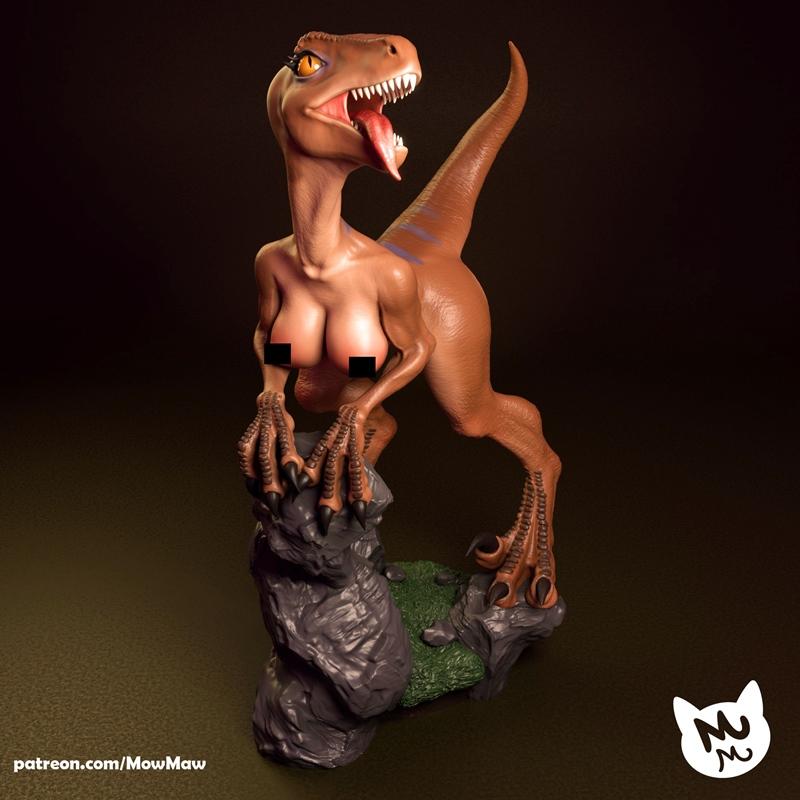 MowMaw's Raptor Lady 3D model: anthropomorphic dinosaur-human hybrid with exposed chest, standing on rocks, tongue ou...