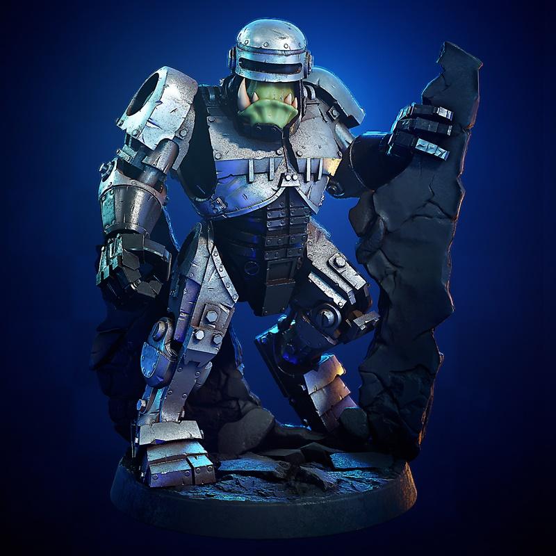Roboorc 3D model figure, a green-skinned orc in heavy silver cybernetic armor, holding a large rock, standing on a te...