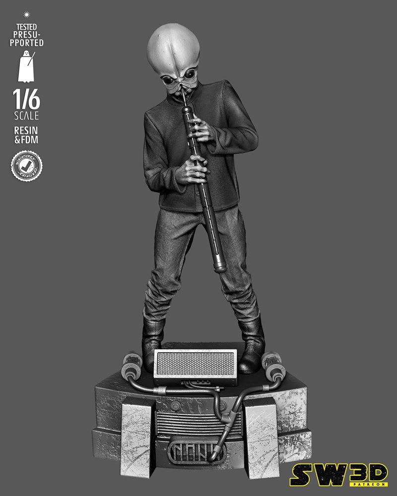 1:6 scale 3D model of a Star Wars Cantina Band alien musician playing a wind instrument, standing on a detailed base...