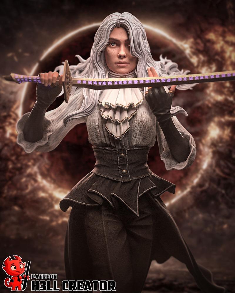 Maelle 3D model figure by h3LL creator, holding a sword with purple accents, wearing a ruffled blouse and corset.