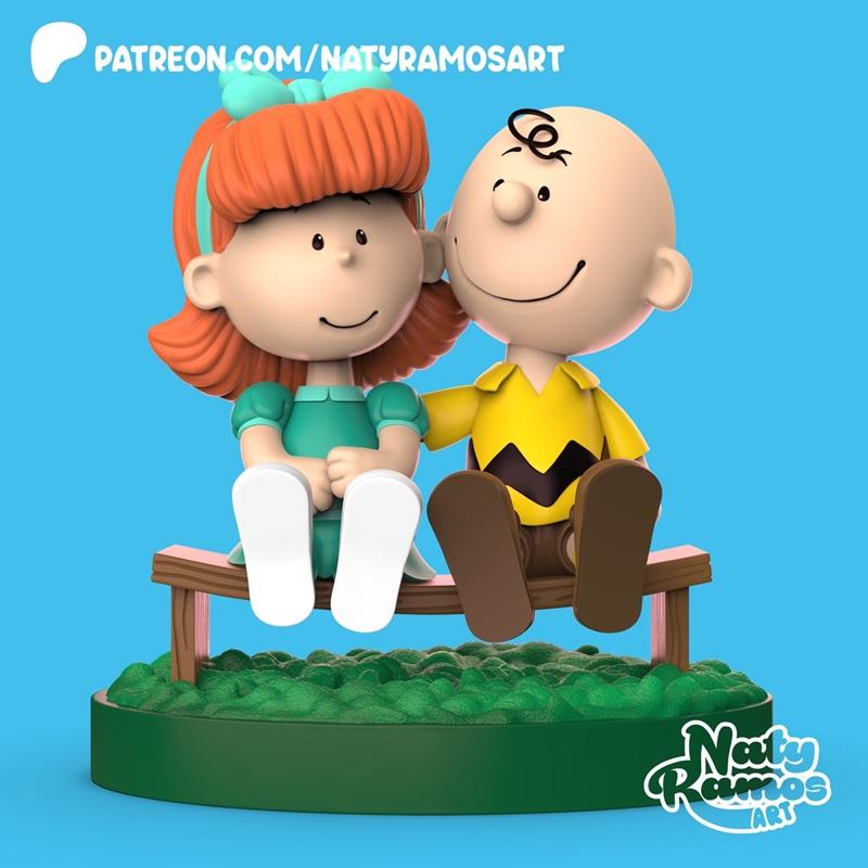 Charlie Brown and Peggy Jean sitting on a park bench, rendered in a stylized 3D model. Charlie wears his iconic yello...