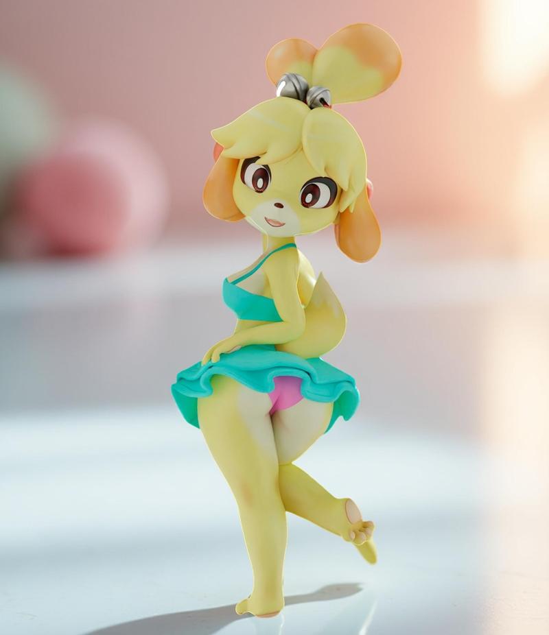 Isabelle from Animal Crossing in a turquoise bikini and ruffled skirt, striking a dynamic pose with one leg bent and...