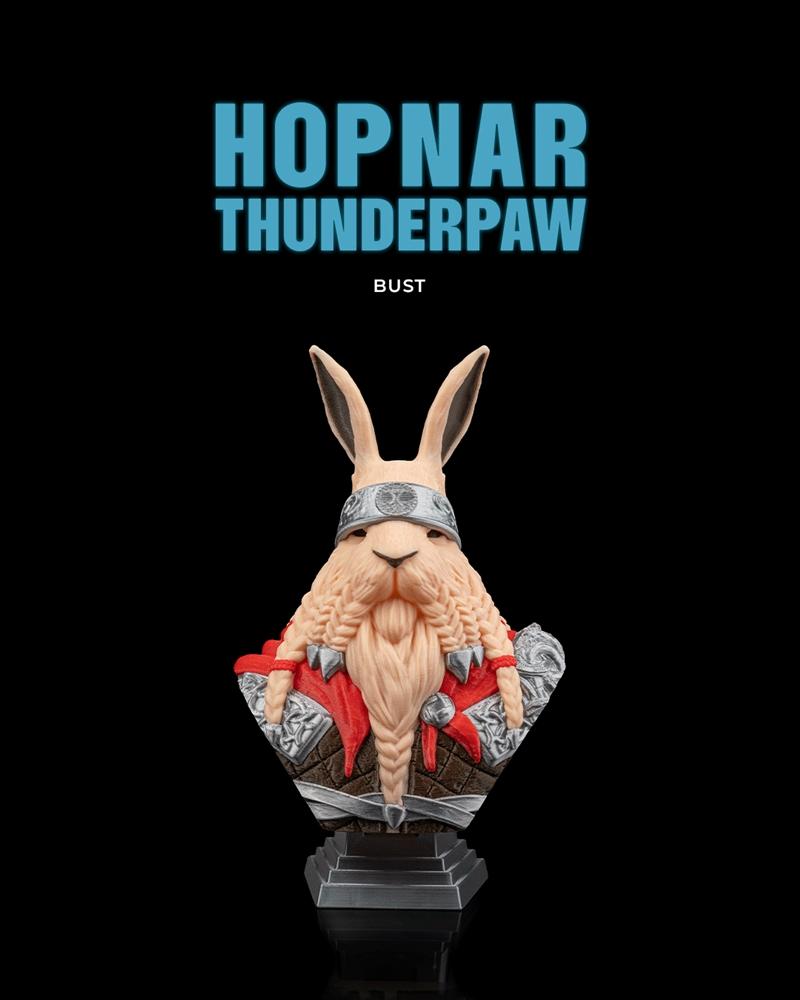 Hopnar Thunderpaw bust, a fantasy rabbit character with long braided ears, a thick braided beard, and ornate armor wi...