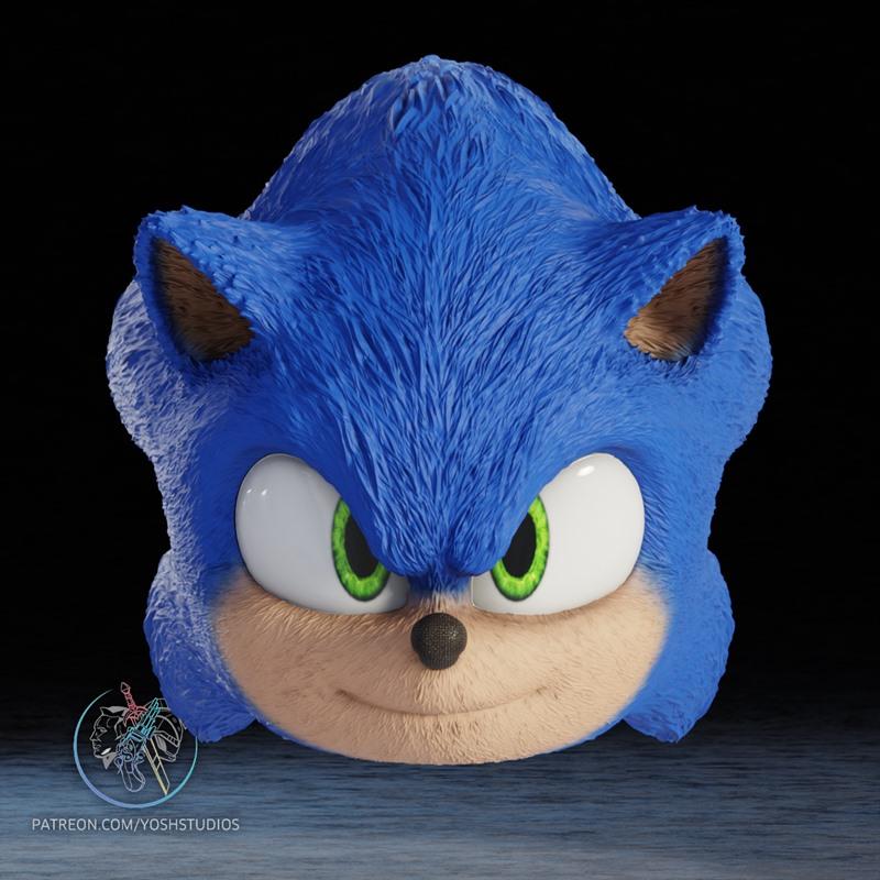 3D model mask of Sonic the Hedgehog's face, featuring blue fur texture, green eyes, and a slight smile.
