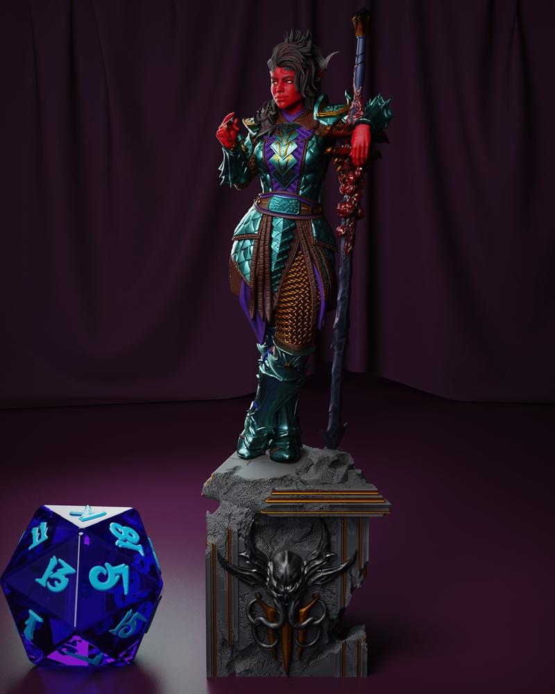 3D model of Karlach from Baldur's Gate 3, a red-skinned tiefling in teal and purple armor, leaning on a sword, standi...