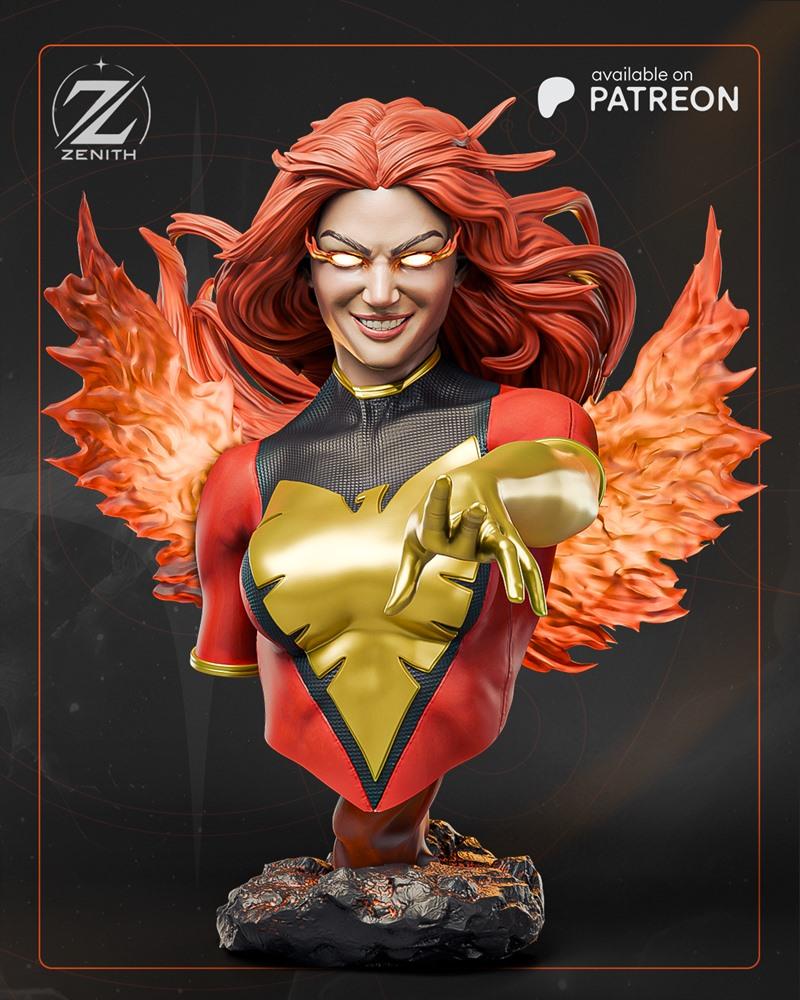 Zenith Studios Jean Grey Phoenix bust, 3D model with flowing red hair, fiery wings, and red and gold costume, pointin...