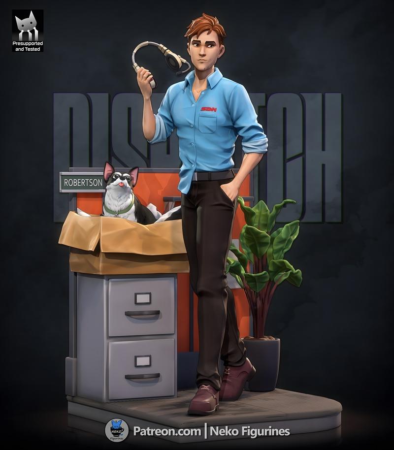3D model of Robert from Dispatch, holding a headset, with a dog in a box beside a filing cabinet. "DISPATCH&quot...