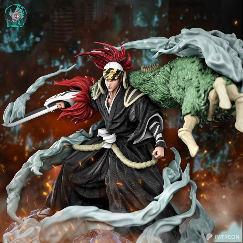 Renji Abarai in Bankai form from Bleach, wielding a sword with a beastly manifestation behind him, surrounded by smok...