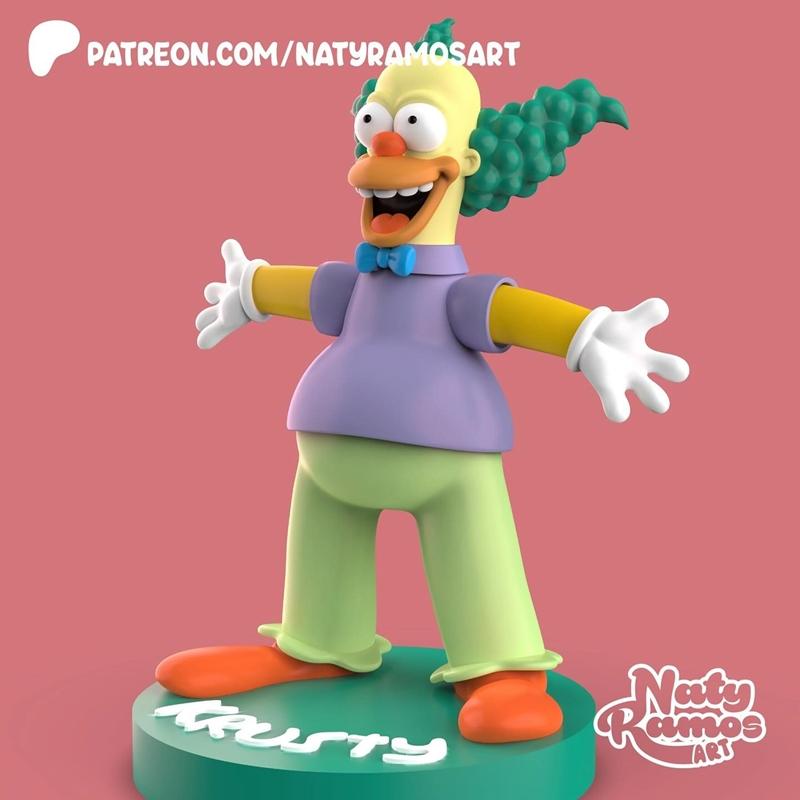 Krusty the Clown 3D model figure by Naty Ramos, standing on a green base with his name, arms outstretched, wearing a...