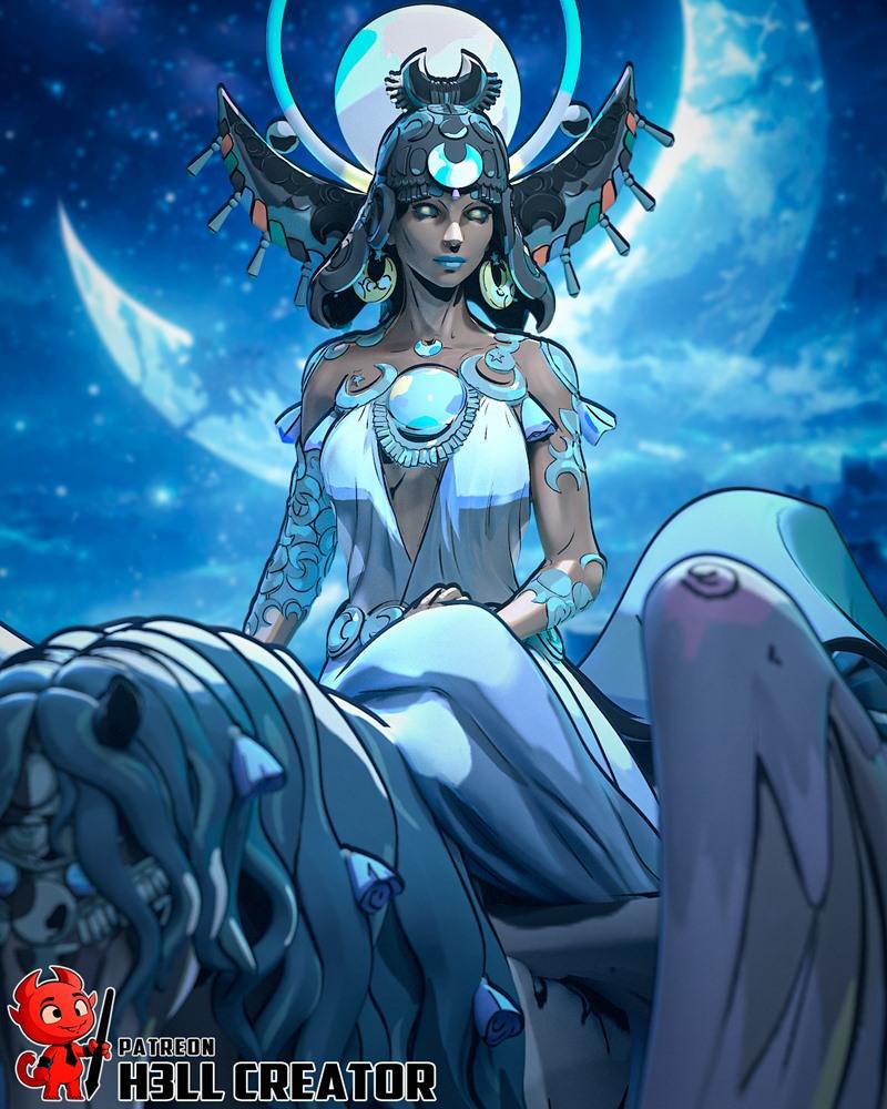 Selene, goddess of the moon from Hades, seated regally on a mythical creature. She wears a white gown with blue celes...