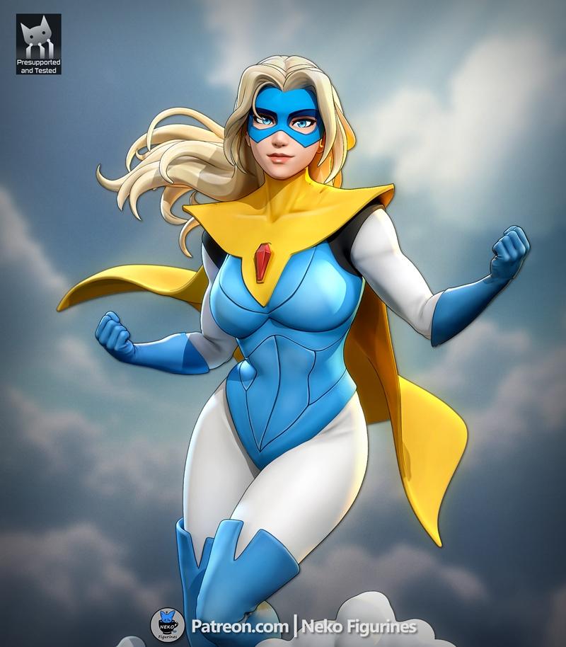Female superhero 'Blonde Blazer' with blonde hair, blue mask, yellow cape, and blue and white costume, striking a her...