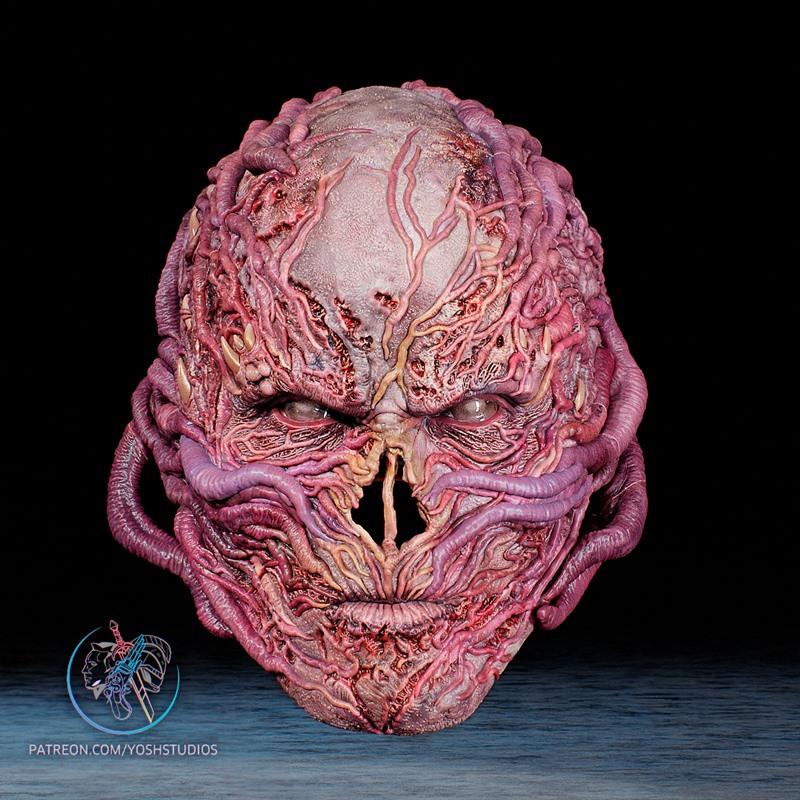 Close-up of a 3D printed Vecna helmet from Stranger Things, showing grotesque organic growths and exposed flesh, by Y...