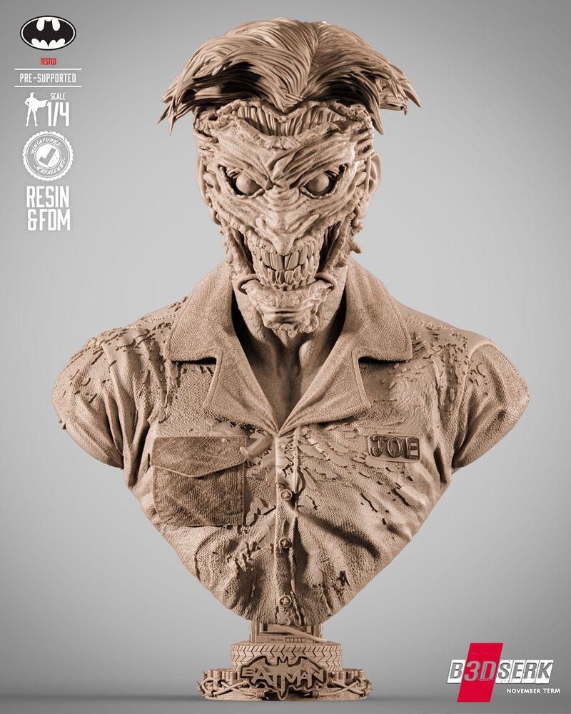 3D printable bust of the Joker from DC Comics, featuring a horrifying, disfigured face and a torn shirt, displayed on...
