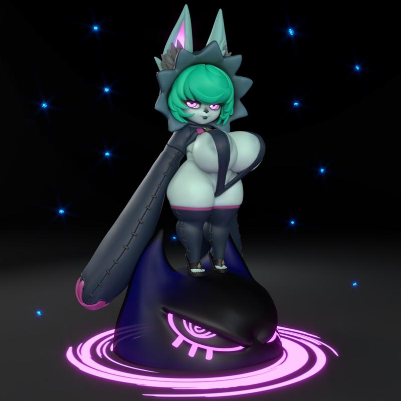 Stylized 3D model of Vex from League of Legends, with green hair, cat ears, and revealing outfit, standing on a dark,...