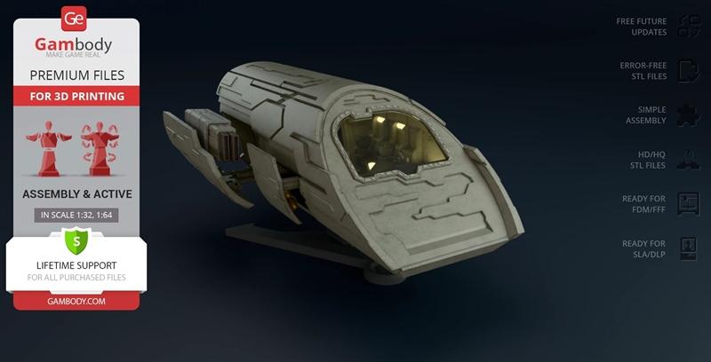 Gambody Puddle Jumper 3D model STL, a futuristic spaceship with a detailed cockpit and paneling, shown in scale 1:32...