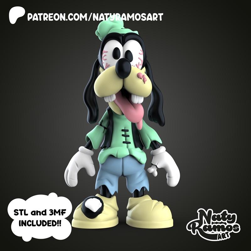 3D model of Goofy in a chibi zombie style, wearing a green shirt and blue pants, with oversized shoes.