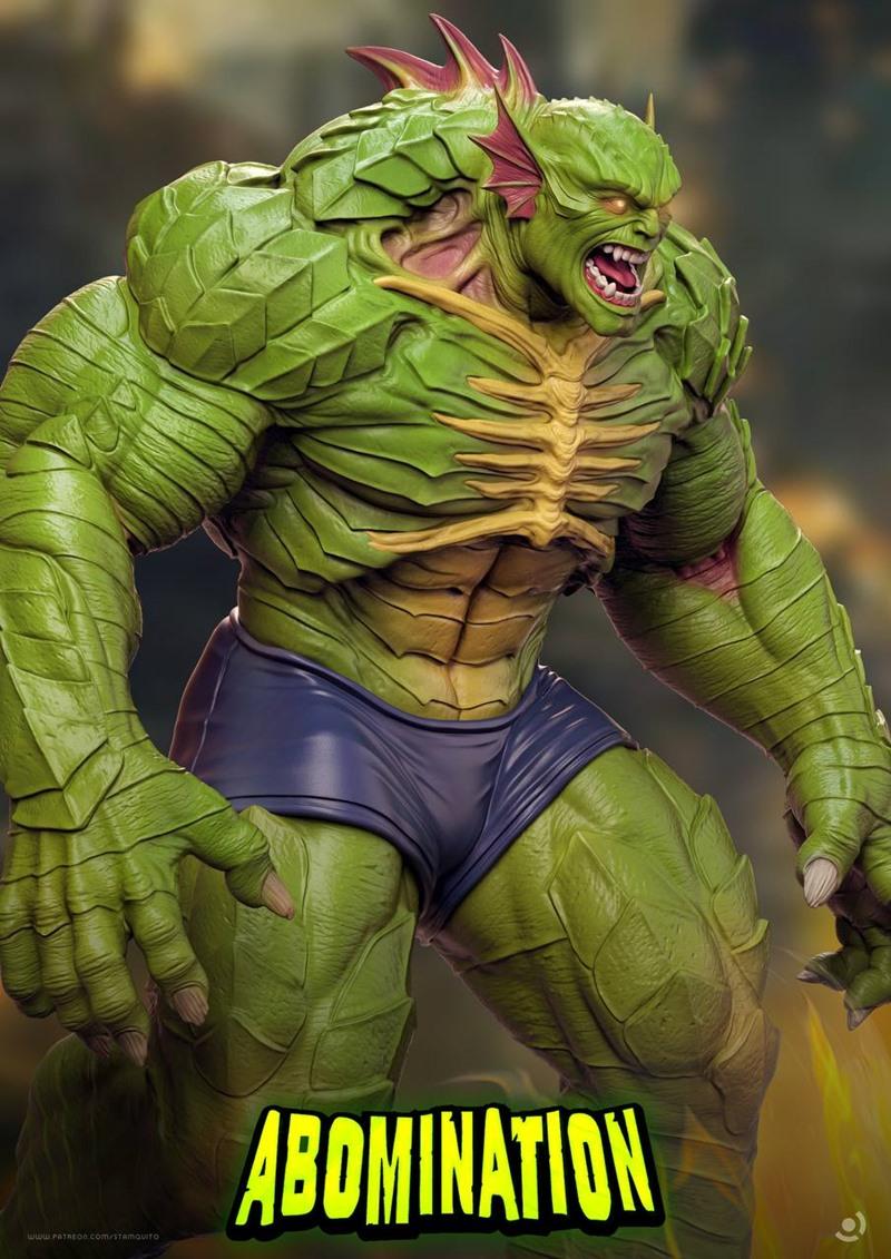 3D model of the Marvel Comics character Abomination, a hulking green monster with spiky fins, roaring with fangs bared.