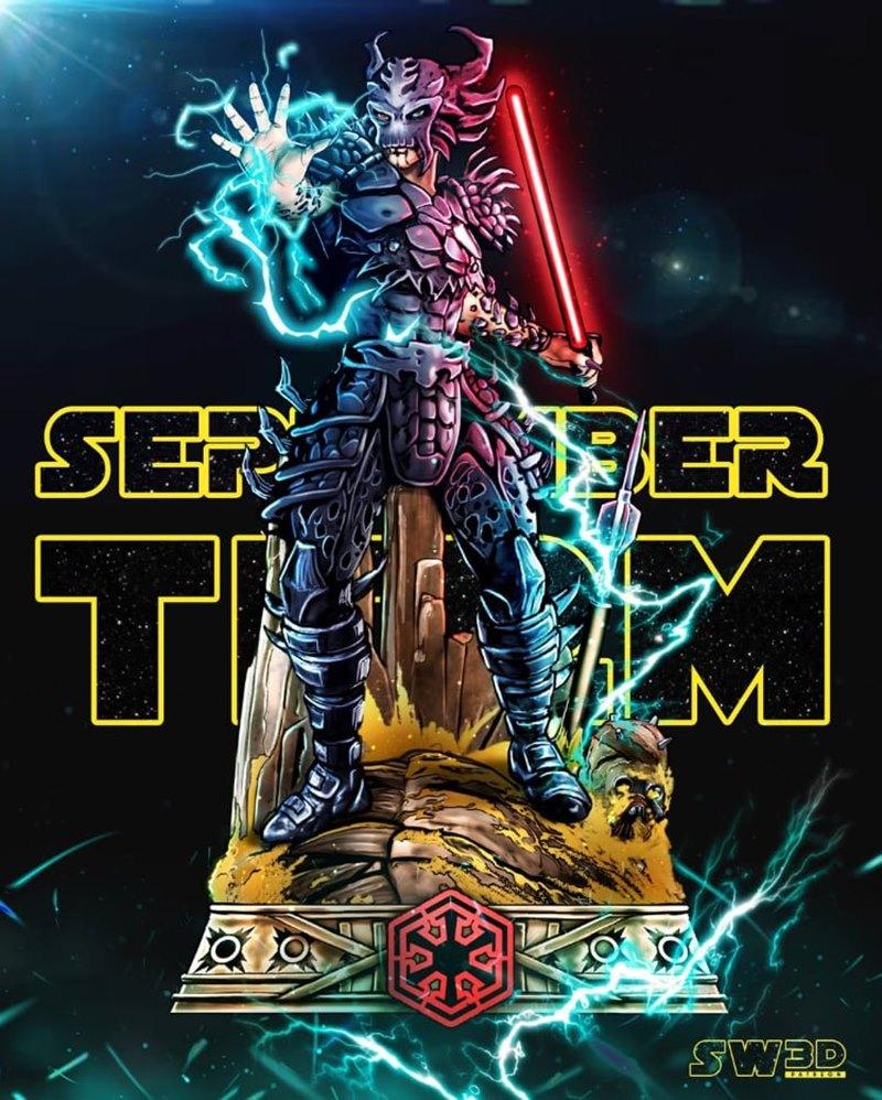 Darth Krayt figure with red lightsaber and blue lightning, wearing ornate armor and helmet, standing on a rocky base...
