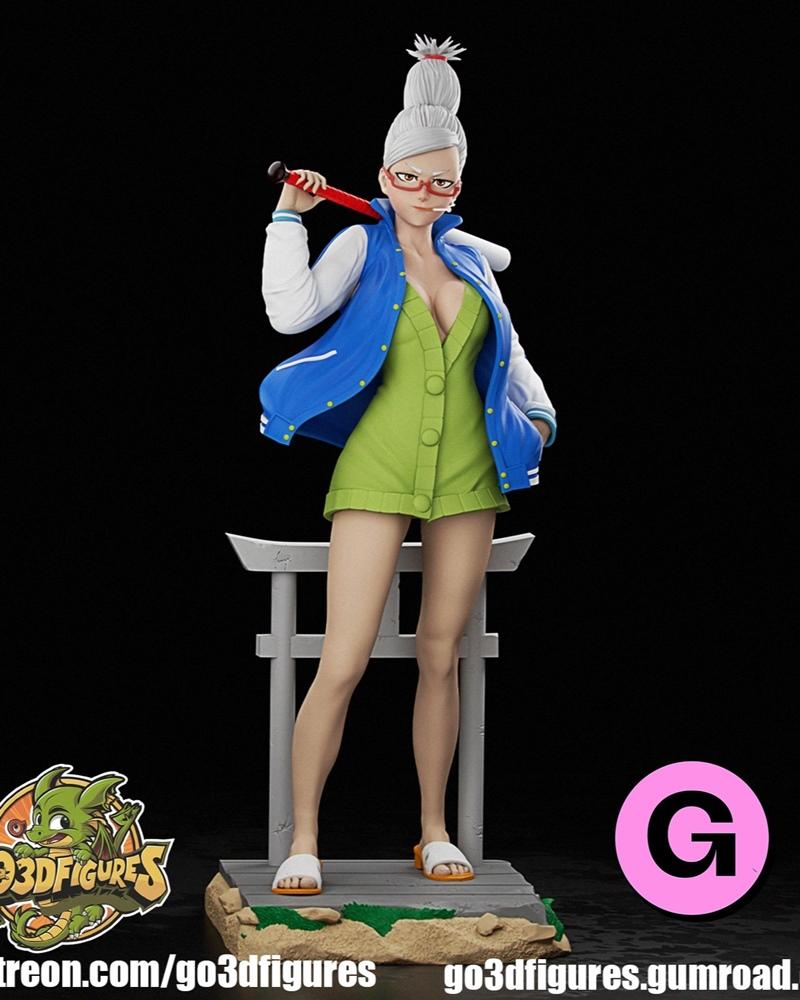 Seiko Ayase 3D model, anime style, wearing a green dress and varsity jacket, holding a baseball bat, with red glasses...