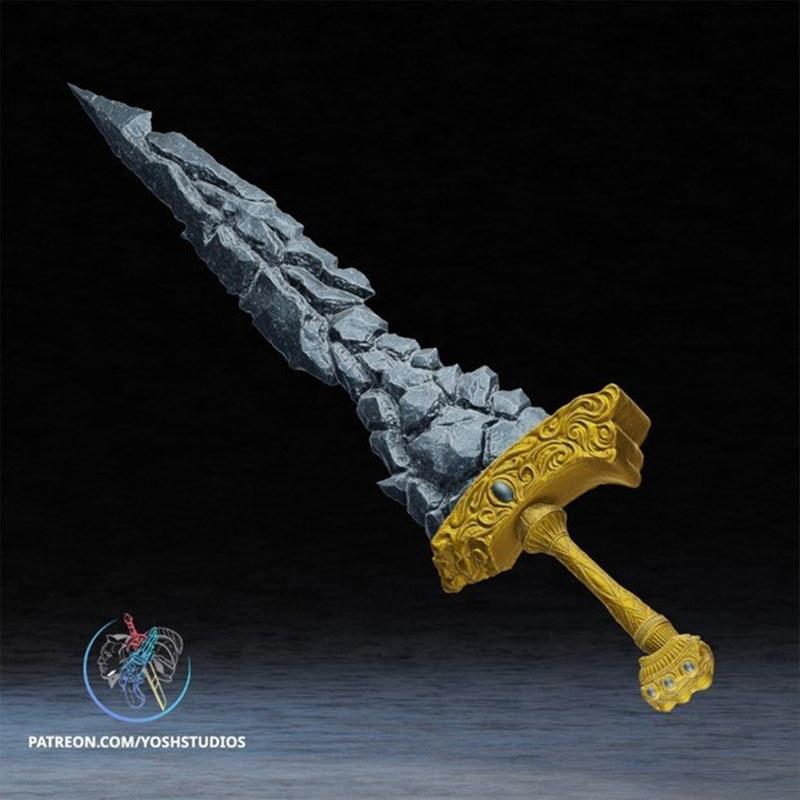 Maliketh Black Blade weapon model with a shattered stone blade and ornate gold hilt, designed by Yoshstudios for 3D p...
