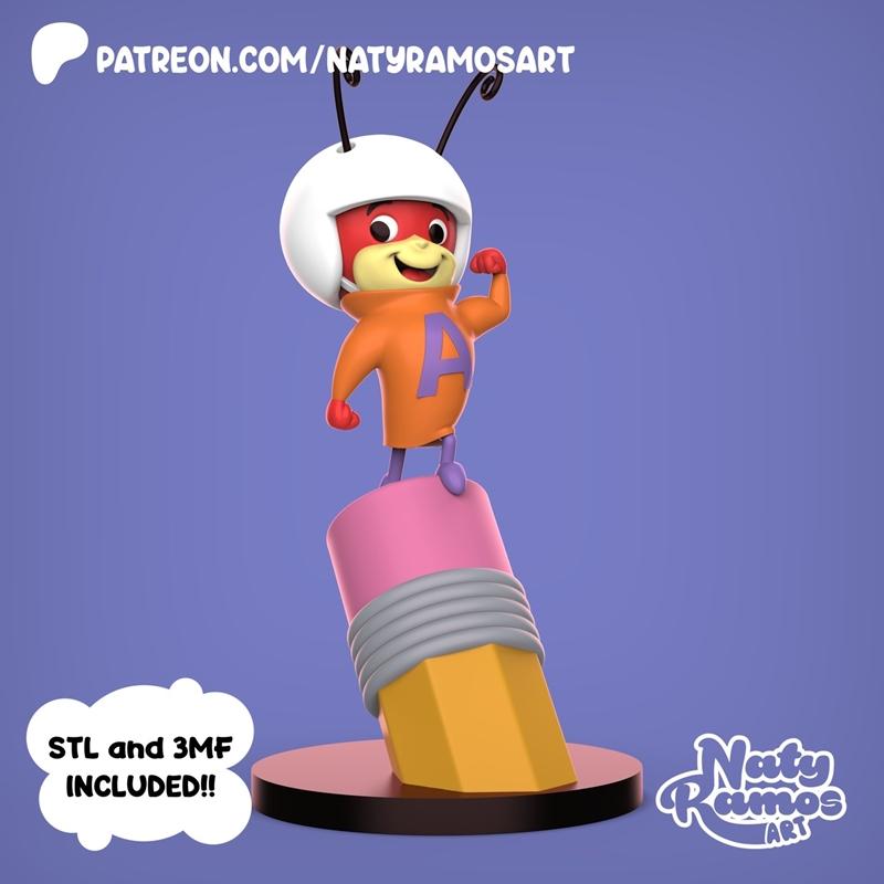 3D model figure of La Hormiga Atómica standing on a pencil, wearing a white helmet and orange hoodie with an 'A' emblem.
