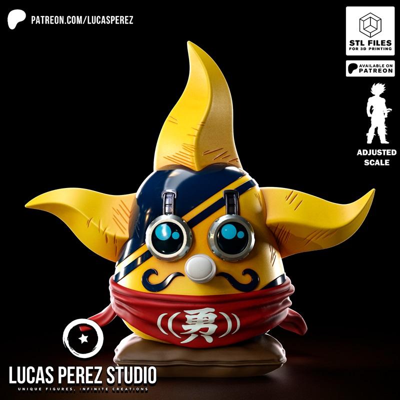 Stylized Sogeking Daruma figure with yellow body, blue accents, and red scarf, sitting on a cushion. Designed by Luca...