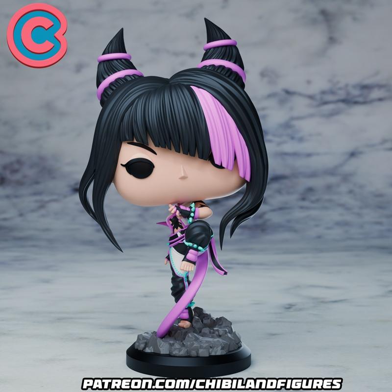 Chibi Juri figure from Street Fighter, black hair with pink streaks in twin buns, purple and black outfit, standing o...