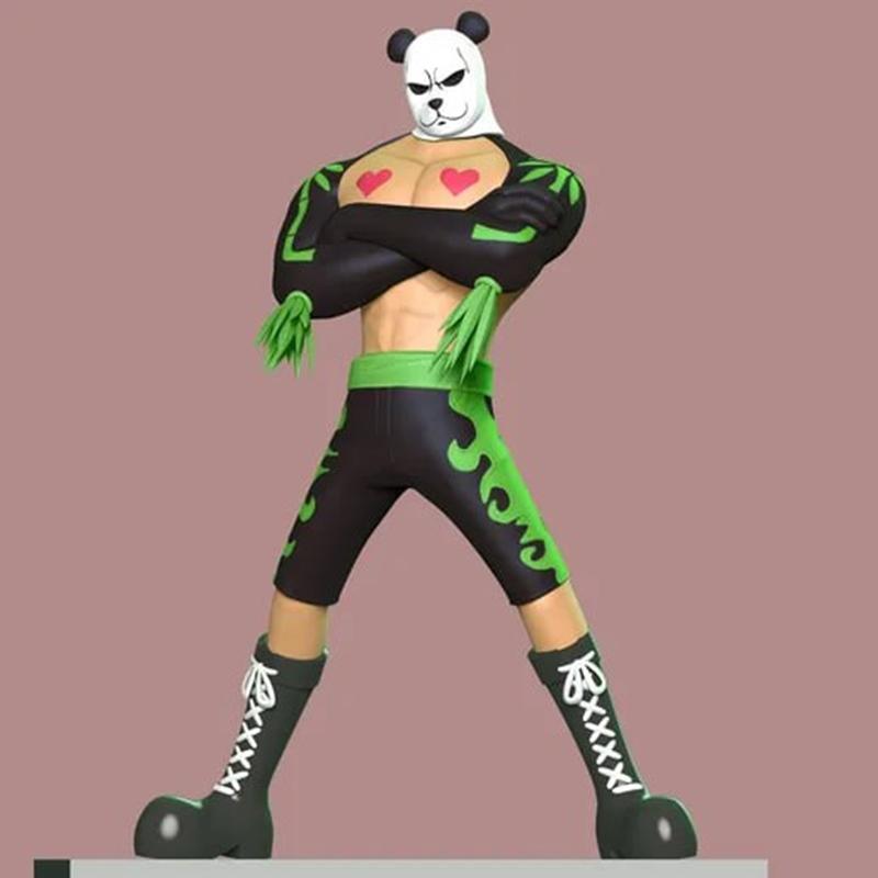 3D model of Pandaman from One Piece, a muscular character with a panda mask, red heart chest markings, and black and...