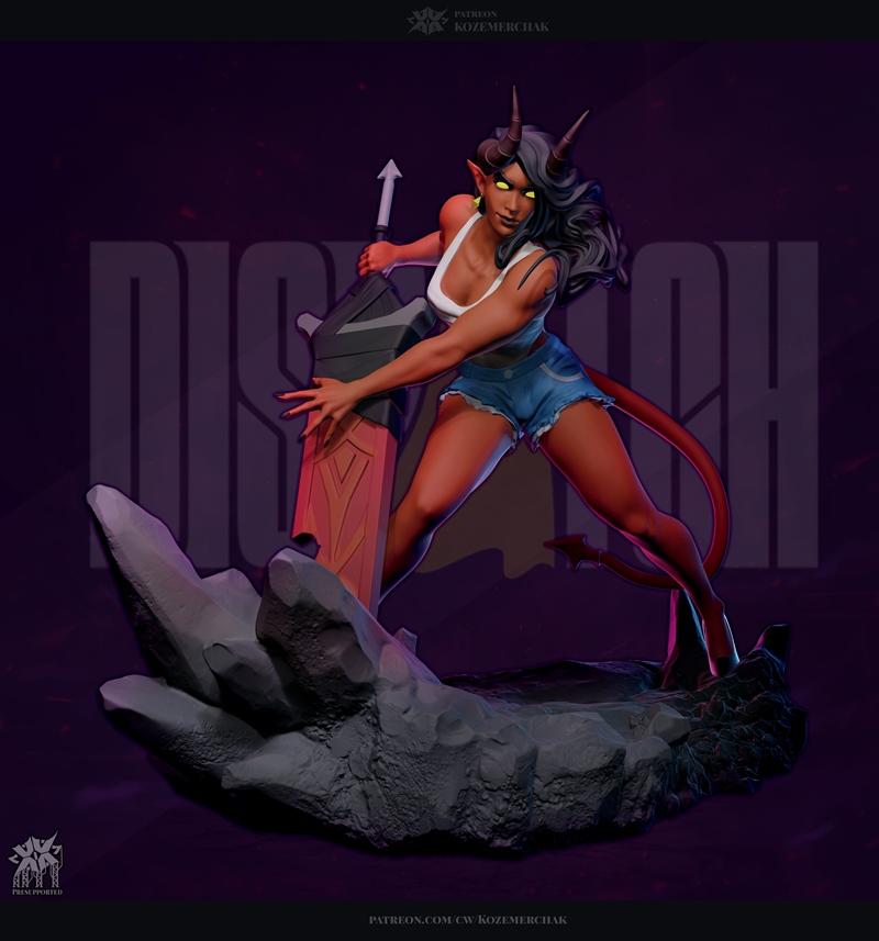Demon figure 'Malevola' by Kozemerchak, red skin, horns, tail, white tank top, denim shorts, holding a large sword, p...