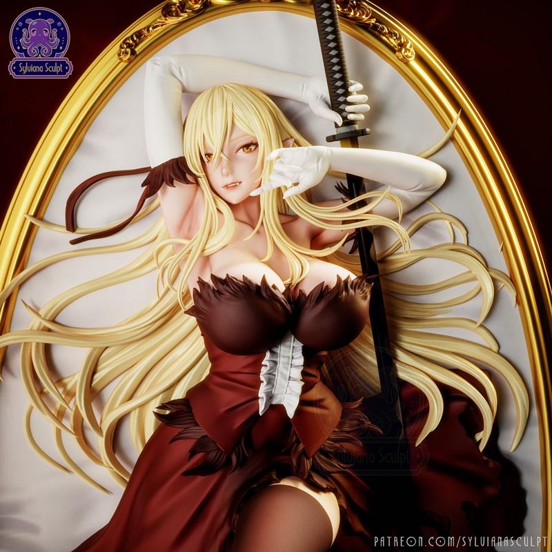 Shinobu Oshino (Kiss Shot) anime figure 3D model by Sylviana Sculpt, holding a katana, wearing a revealing red dress...