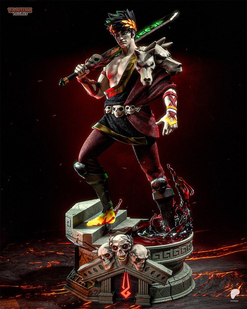 Zagreus from Hades game, standing heroically on a skull-adorned base, holding a glowing sword over his shoulder. Tanu...