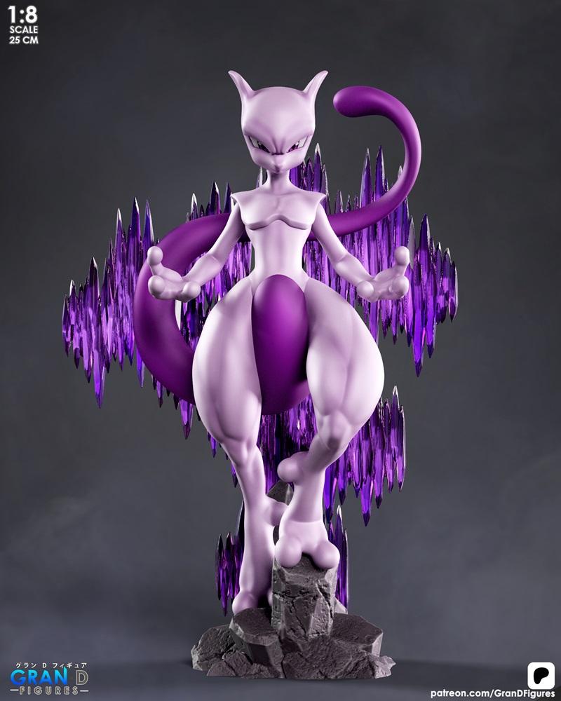 Mewtwo 3D model figure, 1:8 scale, 25 cm tall, standing on rocks with purple crystals behind it. The figure has a mus...